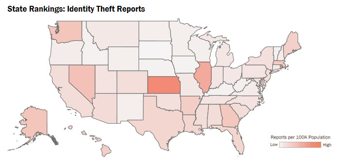 Map ranking US states by identity theft reports per 100,000 residents